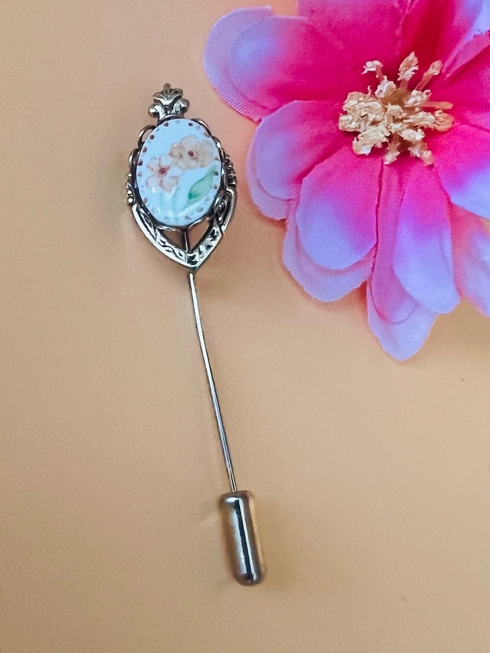 Vintage Floral Cameo Stick Pin - gold Tone with Hand-Painted porcelain